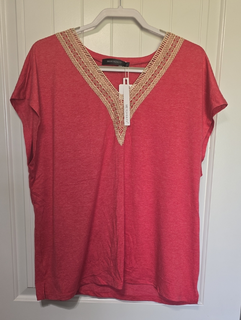 MISSOOKERY Red V-Neck Tunic with Cream Crochet Trim